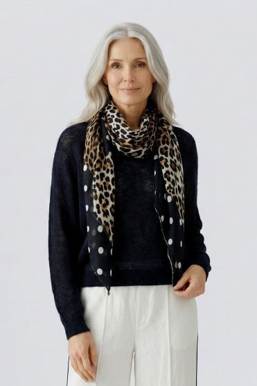 Animal Print Scarf With Dot Border Black/off White