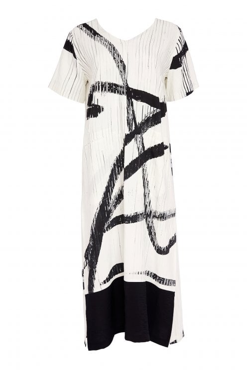 Brush Stroke Print Dress Cream/black