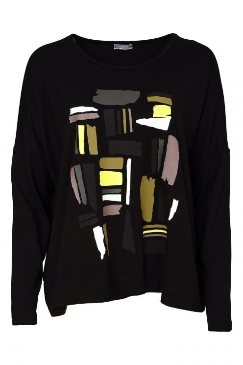 Colour Block Placement Print Top Black/thyme