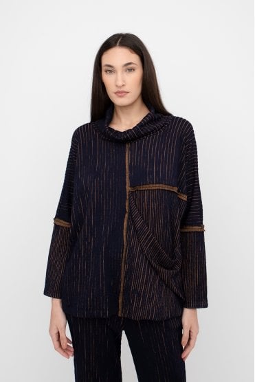 Contrast Rib Cowl Neck Top Blue/mustard