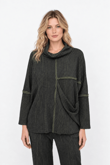 Contrast Rib Cowl Neck Top Grey Green