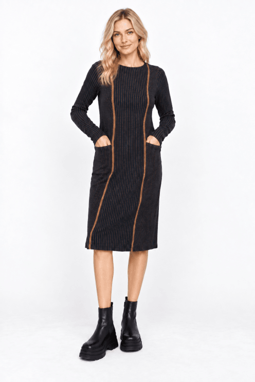 Contrast Rib Pocket Dress Blue/mustard