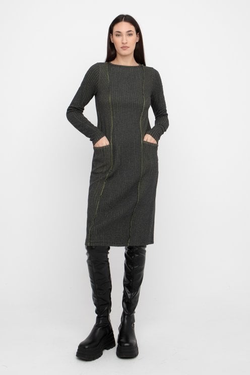 Contrast Rib Pocket Dress Grey/green