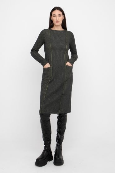 Contrast Rib Pocket Dress Grey/green