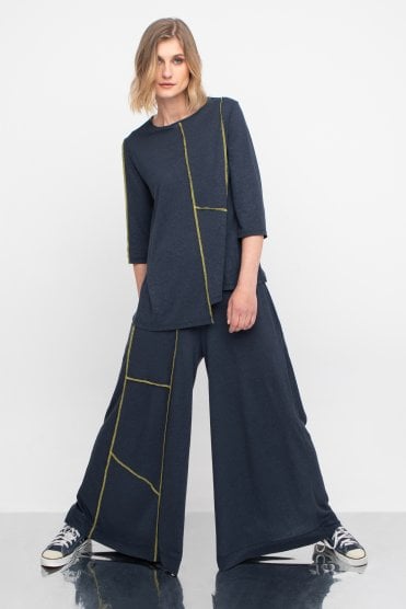 Contrast Stitch Wide Leg Pants Blue