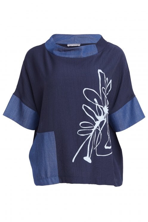 Denim Look Placement Print Top Denim Blue