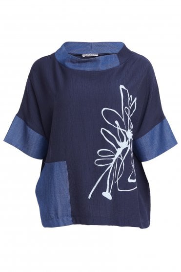 Denim Look Placement Print Top Denim Blue
