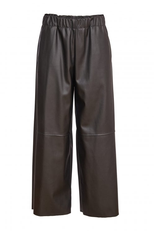 Elasticated Waist Leather Look Wide Leg Trouser Black