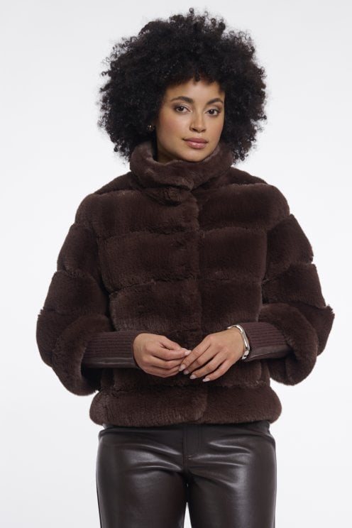 Faux Fur Jacket With Knitted Sleeves Coffee Roast