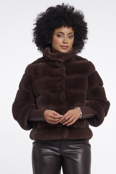 Faux Fur Jacket With Knitted Sleeves Coffee Roast