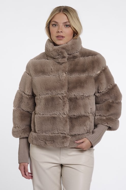 Faux Fur Jacket With Knitted Sleeves Mocha Latte