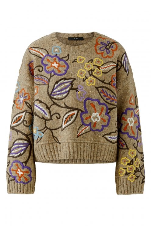 Floral Embroidered Pullover Camel/violet