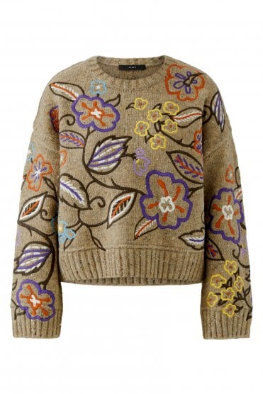 Floral Embroidered Pullover Camel/violet
