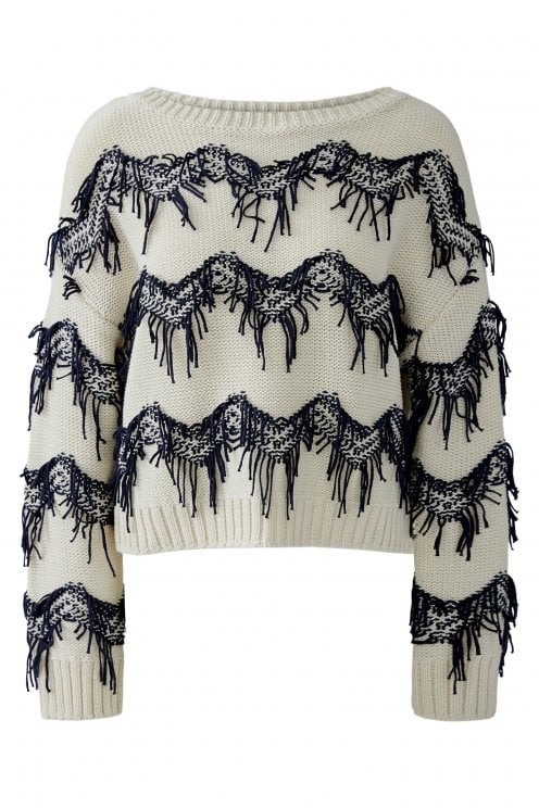 Fringe Detail Pullover Off White/blue