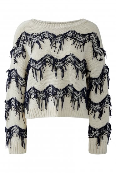Fringe Detail Pullover Off White/blue