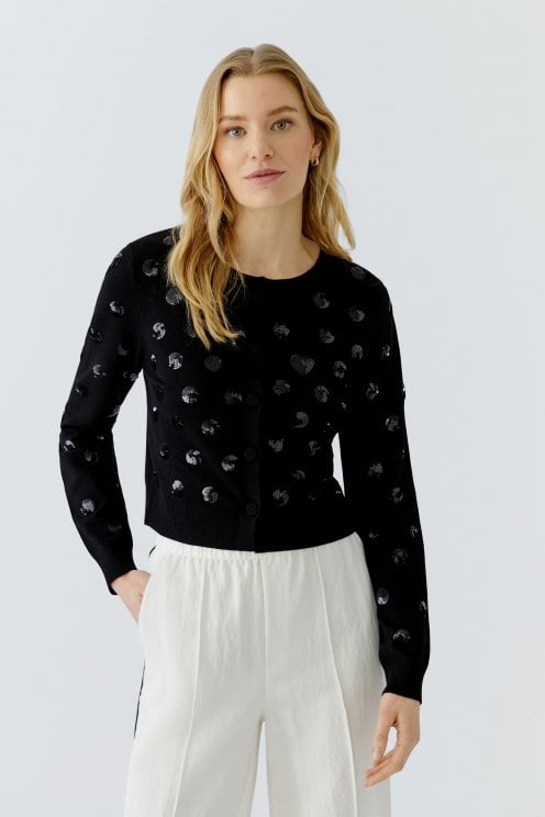 Knit Cardigan With Sequin Dots Black