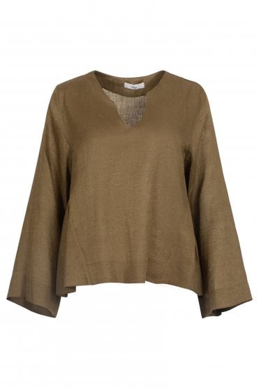 Linen Blouse With Bell Sleeves Khaki