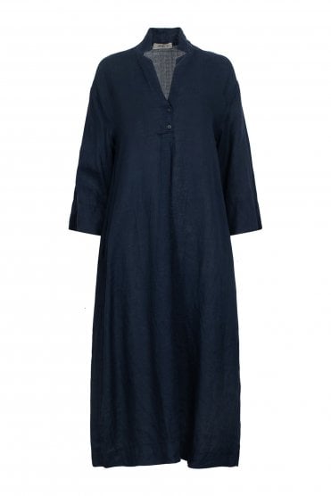 Linen V-neck Dress Blue