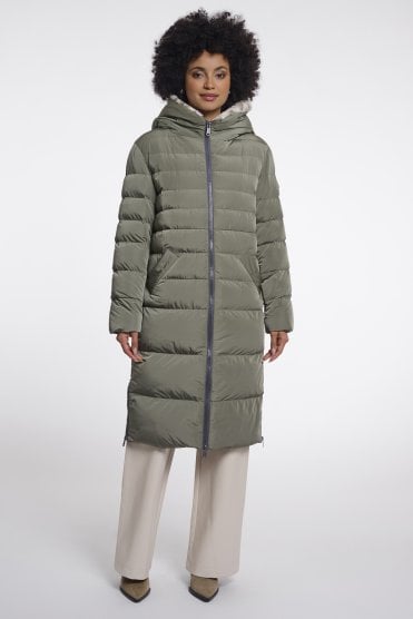 Long Padded Hooded Coat With Faux Fur Misty Basil/leopard