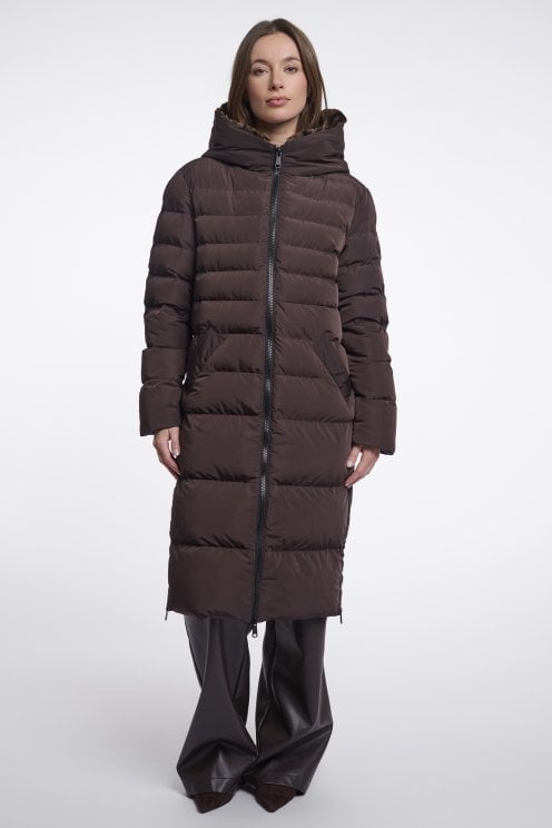Long Padded Hooded Coat With Faux Fur Peated Brown/leopard