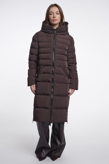 Long Padded Hooded Coat With Faux Fur Peated Brown/leopard