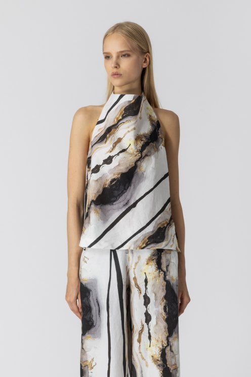 Marbled Halter Neck Top White/gold/black