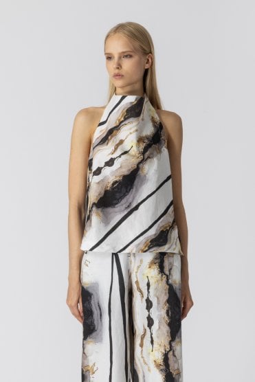 Marbled Halter Neck Top White/gold/black