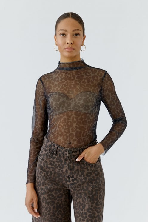Mesh Long Sleeve Top Dark Brown/grey