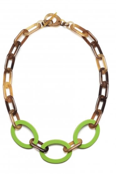 Mid Length Link Necklace Brown/nat/lime Green