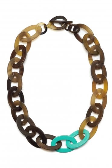 Mid Length Oval Link Necklace Brown Natural/aqua Marine