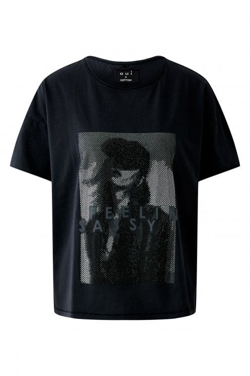 Photo Print Rhinestone Tee Washed Out Black