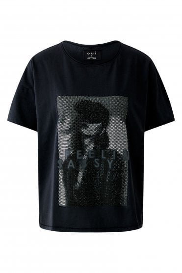 Photo Print Rhinestone Tee Washed Out Black