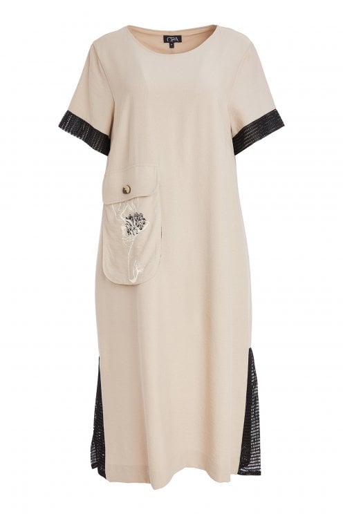 Round Neck Dress With Print Pocket Black/stone