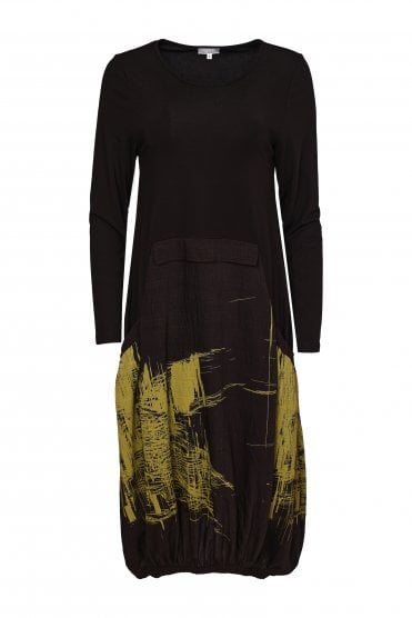 Round Neck Dress With Scribble Print Black/avocado