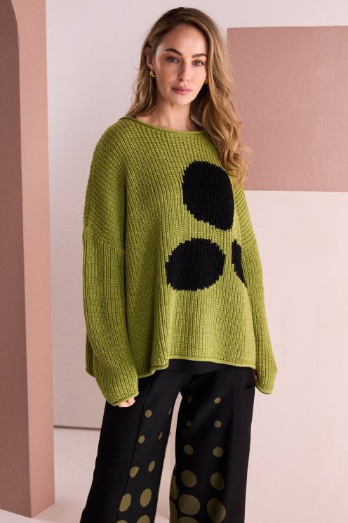 Round Neck Knit With Spot Avocado/black