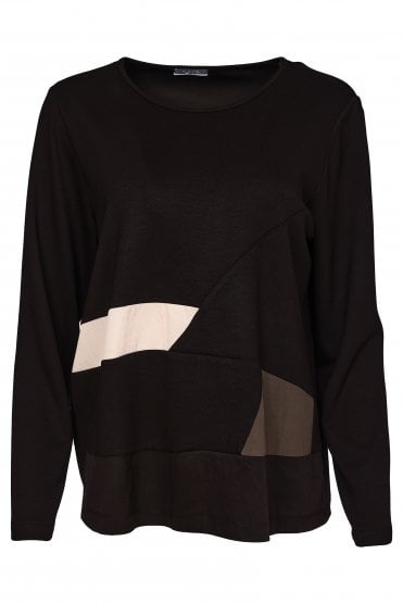 Round Neck Top With Colour Inset Bands Black/thyme