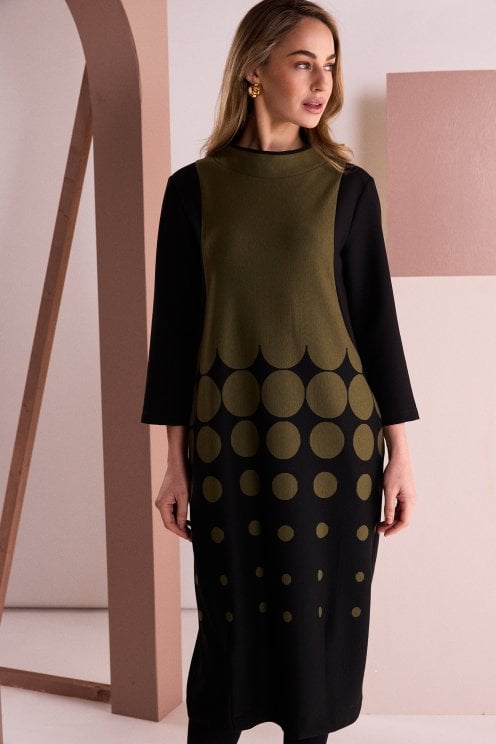 Spot Border Print High Neck Dress Black/avocado