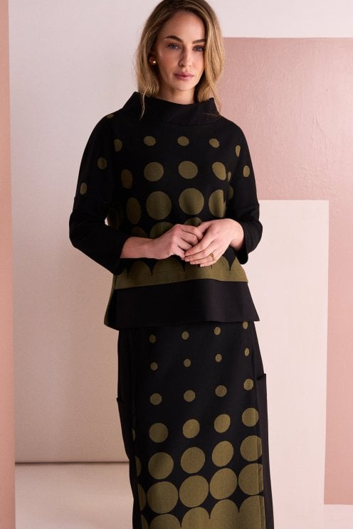 Spot Border Print High Neck Top Black/avocado