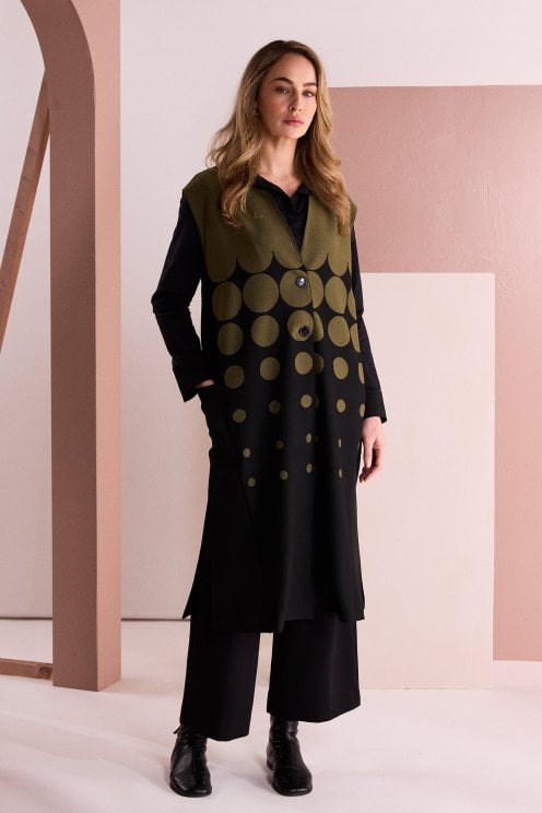 Spot Border Print Long Line Waistcoat Black/avocado