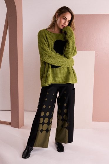 Spot Border Print Pull Up Trouser Black/avocado