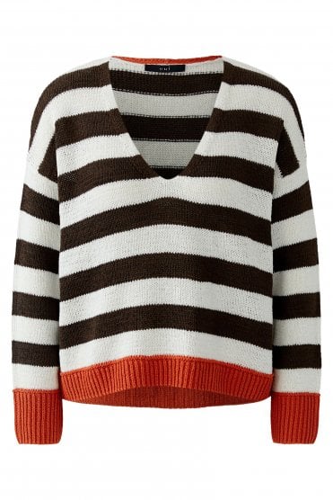 Stripe V-neck Pullover White/brown
