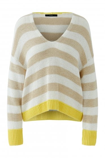 Stripe V-neck Pullover White/camel