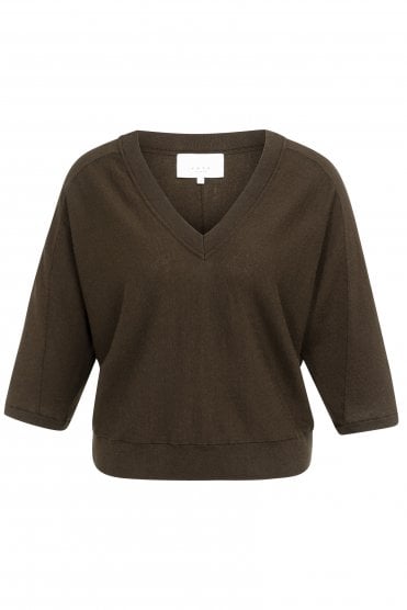 V-neck Pullover With Seam Detail Brown Mel