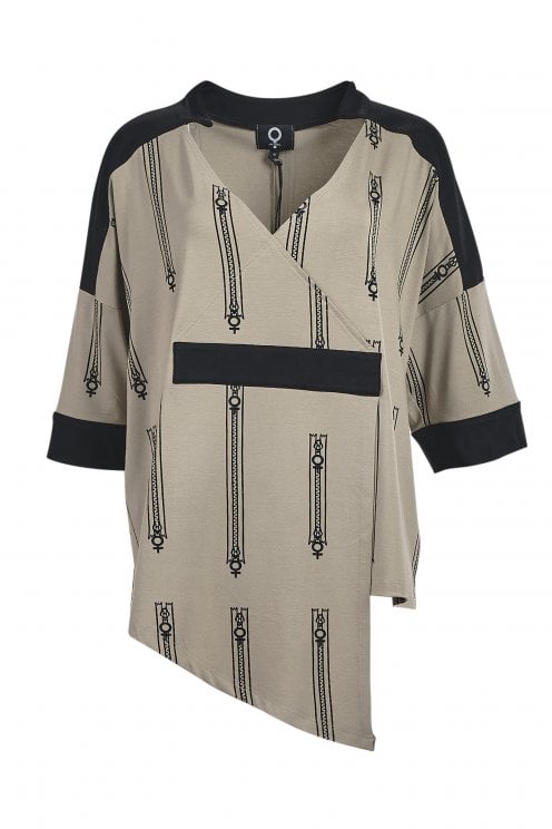 Zipper Print V-neck Top Khaki