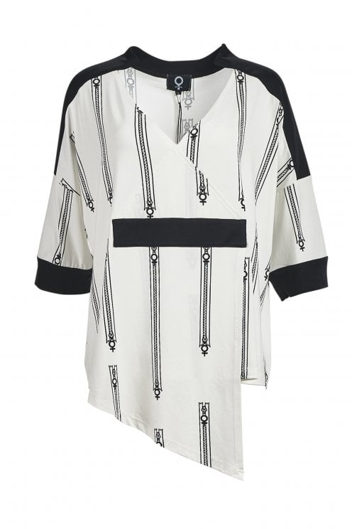 Zipper Print V-neck Top Off White