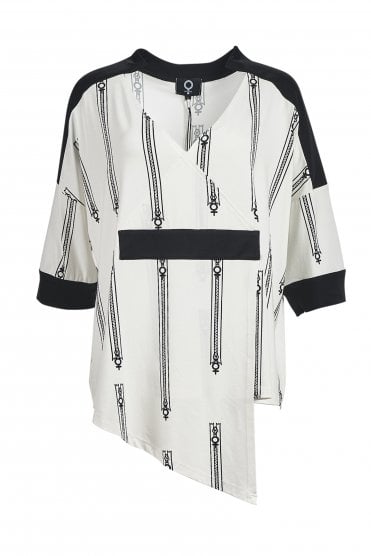 Zipper Print V-neck Top Off White
